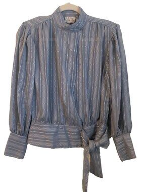 VINTAGE 1980'S PIERRE LAMONTE SILVER/GRAY BANDED BOTTOM SECRETARY BLOUSE SIZE 4